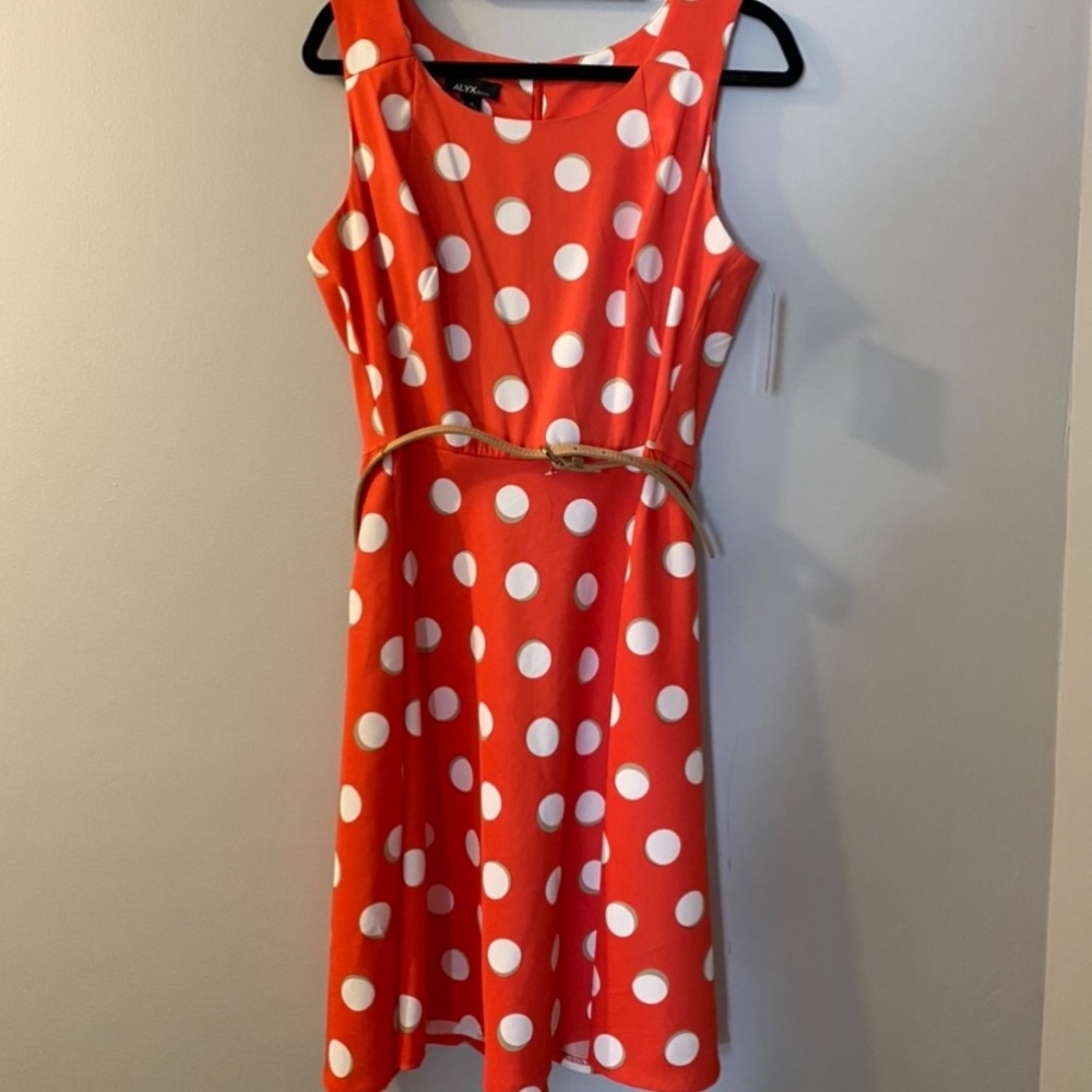 NWT Orange-Red Polka Dot Belted Dress, Easter